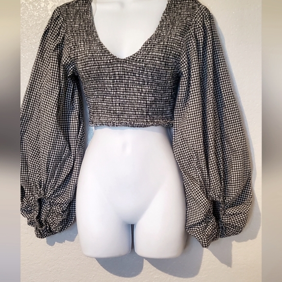 Gingham Checkered Smocked Crop Top Long Balloon Exaggerated Bishop Sleeves Small - Picture 6 of 6